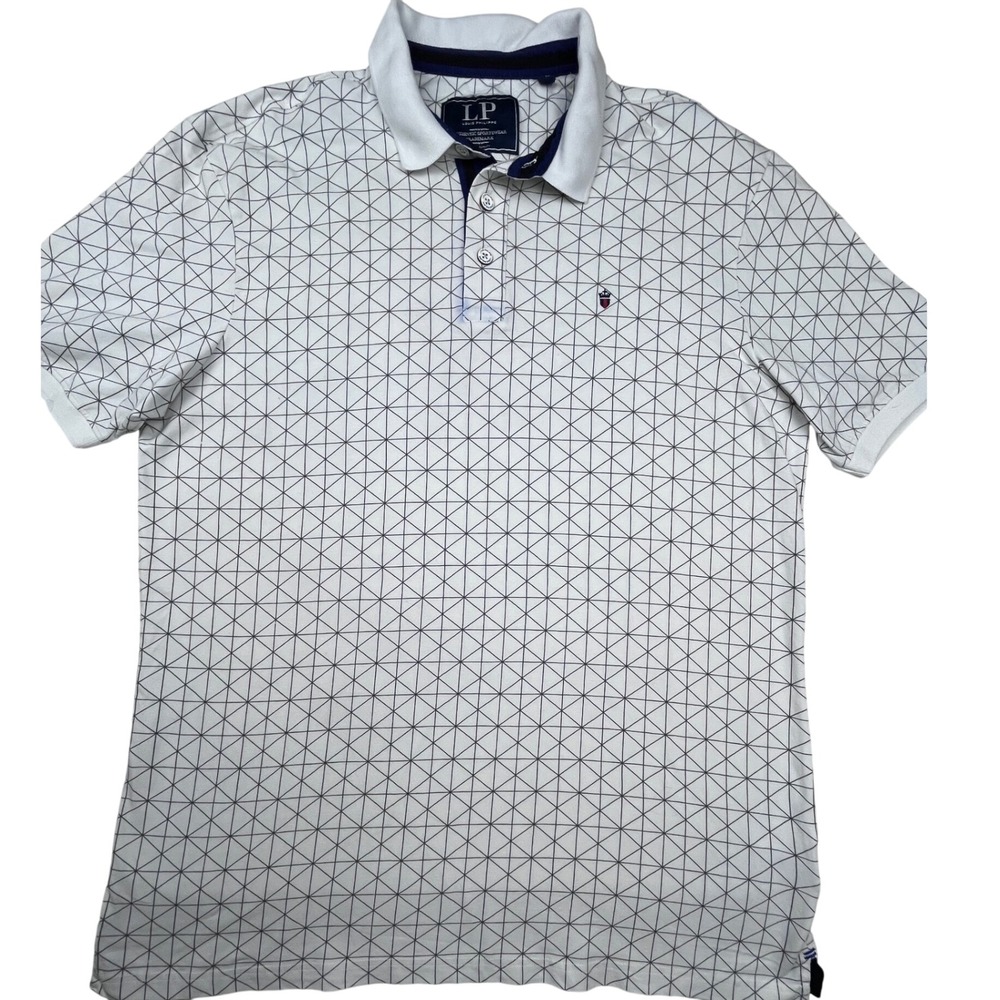 Louis Philippe Mens XXL Regular Fit Polo Shirt Geometric Grid Print White Navy